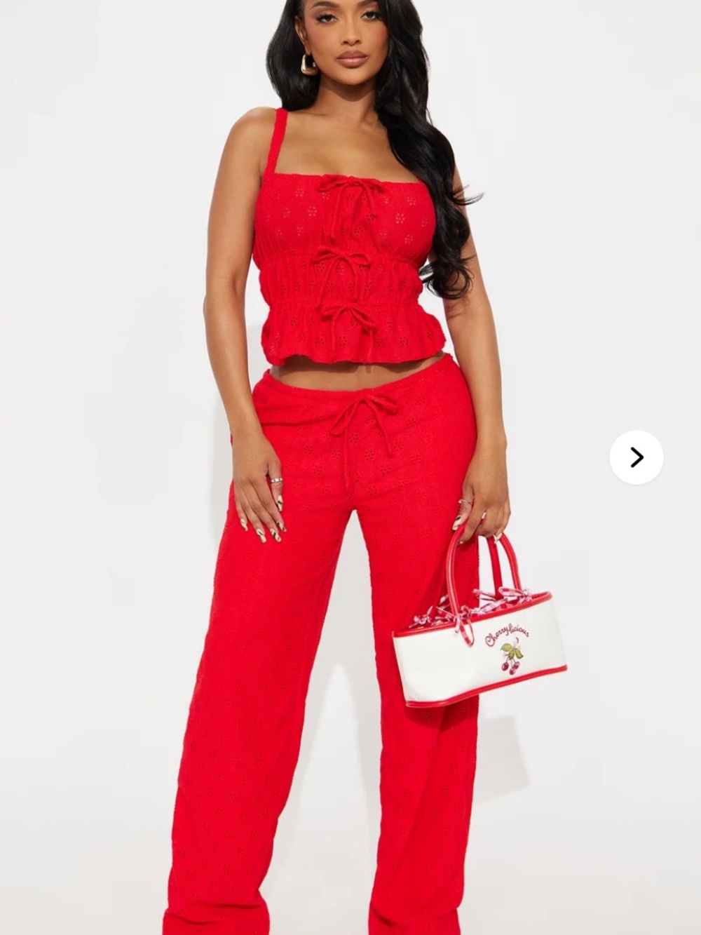 Red Eyelet Knit Wide-Leg Pants Set